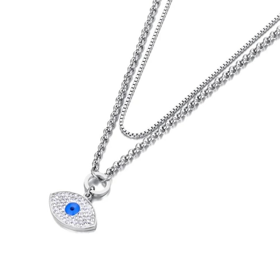 Chic Stainless Steel Double Chain Necklace - Trendy Rhinestone Blue Eyes Pendant, Fashion Jewelry for Women (Collares para mujer)