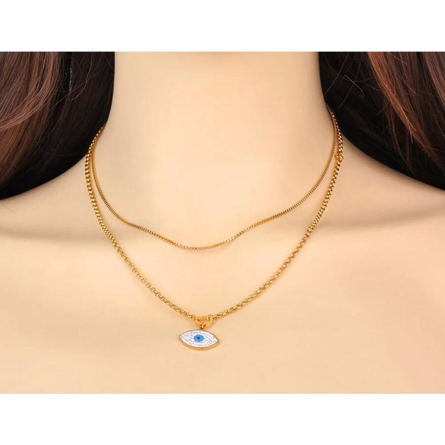 Chic Stainless Steel Double Chain Necklace - Trendy Rhinestone Blue Eyes Pendant, Fashion Jewelry for Women (Collares para mujer)