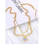 Chic Stainless Steel Double Chain Necklace - Trendy Rhinestone Blue Eyes Pendant, Fashion Jewelry for Women (Collares para mujer)