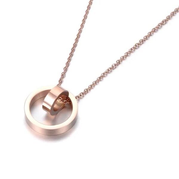 Elegant Rose Gold Plated 316L Stainless Steel Pendant Necklace - Love Two Circle Double Buckle, Clavicle Jewelry for Women