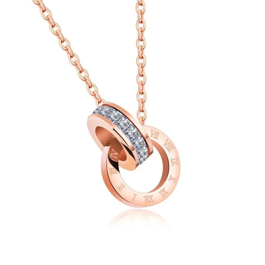 Elegant Rose Gold Plated 316L Stainless Steel Pendant Necklace - Love Two Circle Double Buckle, Clavicle Jewelry for Women