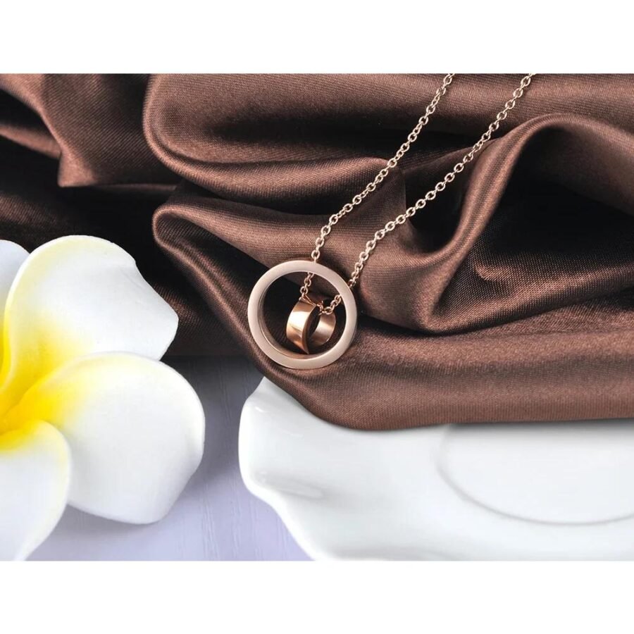 Elegant Rose Gold Plated 316L Stainless Steel Pendant Necklace - Love Two Circle Double Buckle, Clavicle Jewelry for Women