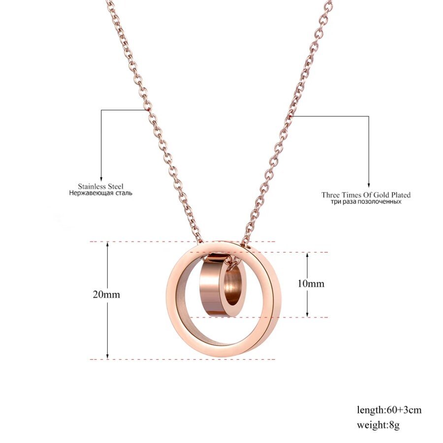 Elegant Rose Gold Plated 316L Stainless Steel Pendant Necklace - Love Two Circle Double Buckle, Clavicle Jewelry for Women