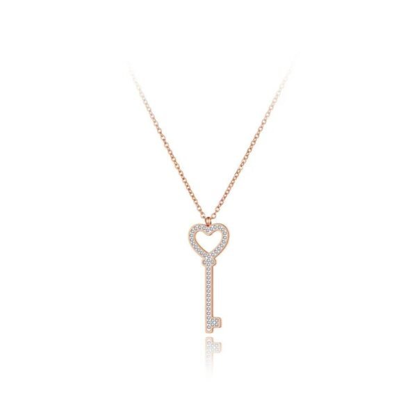 Chic Titanium Stainless Steel Key Charm Pendant Necklace - Bohemia Heart Link Chain, CZ Crystal Jewelry for Women