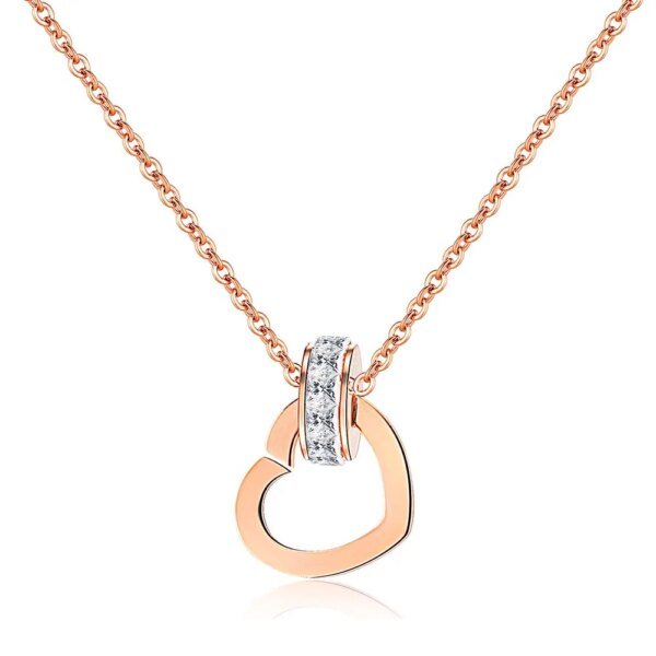 Elegant Stainless Steel Chain Necklace - Luxury Cubic Zirconia Circle Heart Charm Pendant, Rose Gold Color Jewelry