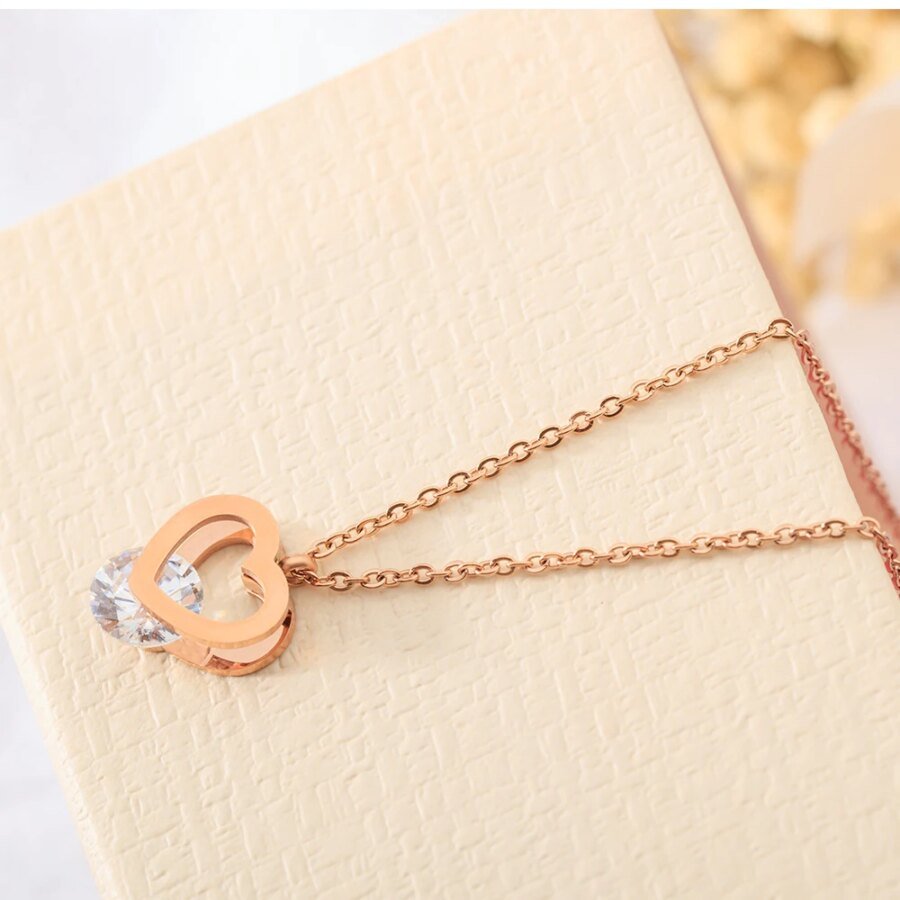 Chic Rose Gold Plated Titanium Steel Choker Necklace - Double Love Heart CZ Crystal Pendant, Fashion Jewelry Gift for Women