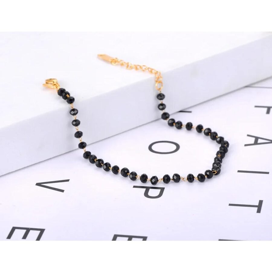 Chic Stainless Steel Link Chain Bracelet - Fashion Black CZ Crystal Charm, Bohemian Beach Party Jewelry for Women and Girls