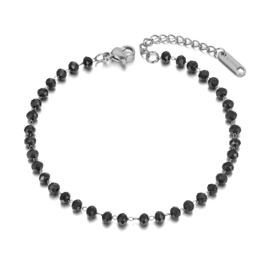 Chic Stainless Steel Link Chain Bracelet - Fashion Black CZ Crystal Charm, Bohemian Beach Party Jewelry for Women and Girls