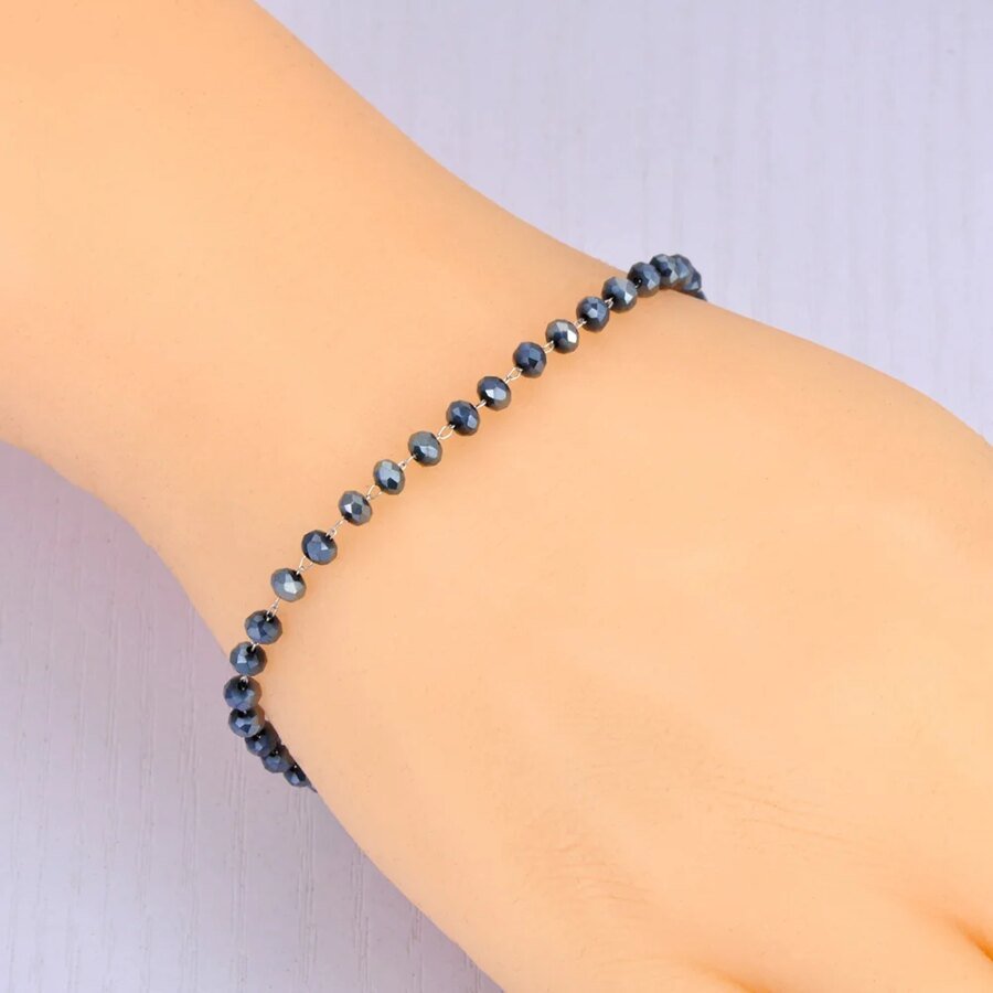 Chic Stainless Steel Link Chain Bracelet - Fashion Black CZ Crystal Charm, Bohemian Beach Party Jewelry for Women and Girls