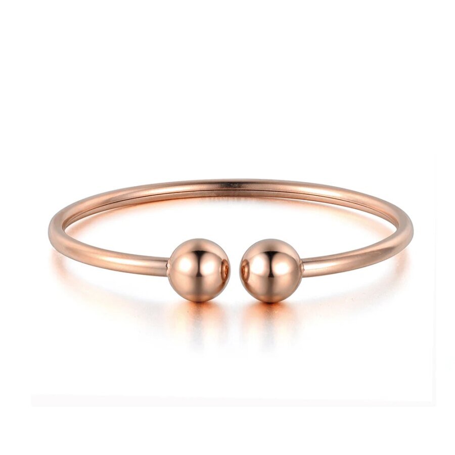 Chic Rose Gold Plated Stainless Steel Cuff Bangles – Trendy Double Ball Open, Party Jewelry for Women