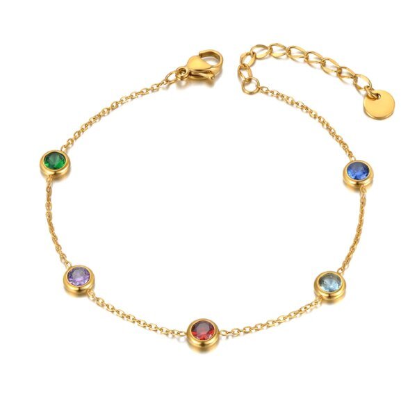Chic Stainless Steel Chain Bracelet - Colorful Cubic Zirconia Charm, 18K Gold Plated, Bohemian Jewelry for Women