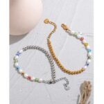 Trendy Unisex Stainless Steel Chain Bracelet - Handmade with Natural Pearls and Resin Eye Beads, Summer Jewelry for Men and Women