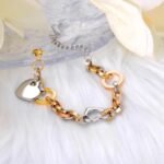 Fashionable Geometric Chain & Link Bracelet - Lokaer Stainless Steel Three Gold Color Heart Charm Bracelets for Women