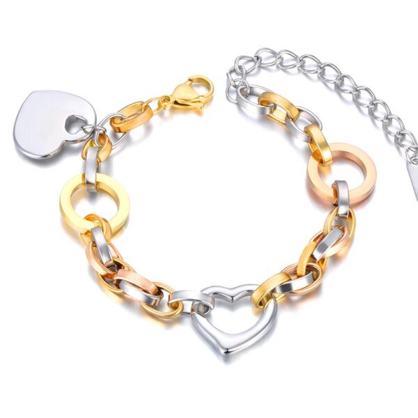 Fashionable Geometric Chain & Link Bracelet - Lokaer Stainless Steel Three Gold Color Heart Charm Bracelets for Women