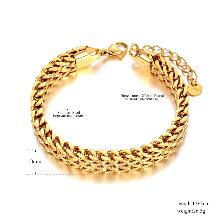 Punk Statement Real Gold Plated Stainless Steel Cuban Link Chain Bracelet Bangle - Unisex Fashion Jewelry