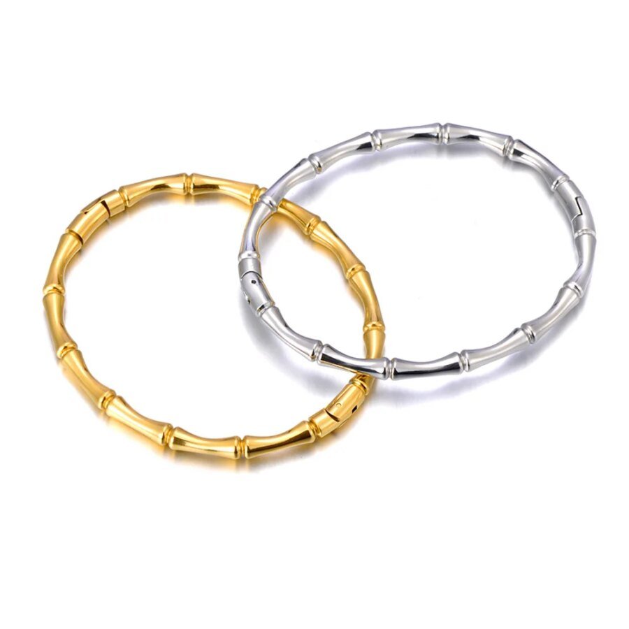 Chic 18K Gold Plated Stainless Steel Bamboo Bangle Bracelet - Trendy Waterproof Charm Jewelry for Women