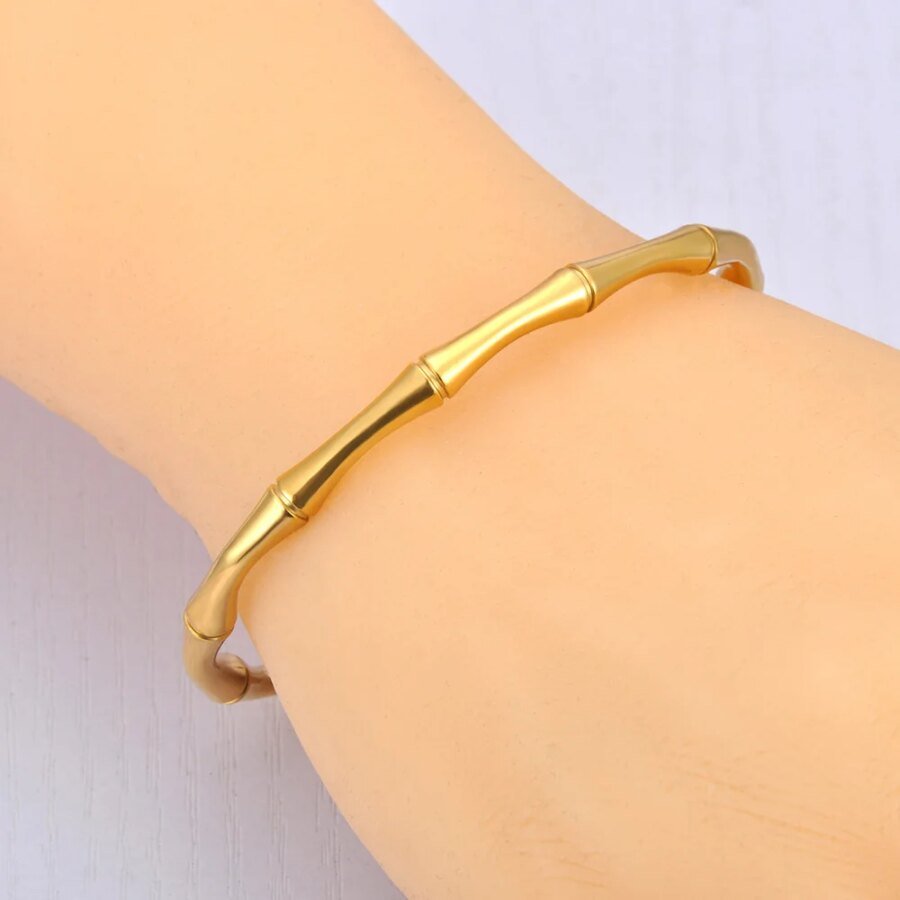 Chic 18K Gold Plated Stainless Steel Bamboo Bangle Bracelet - Trendy Waterproof Charm Jewelry for Women