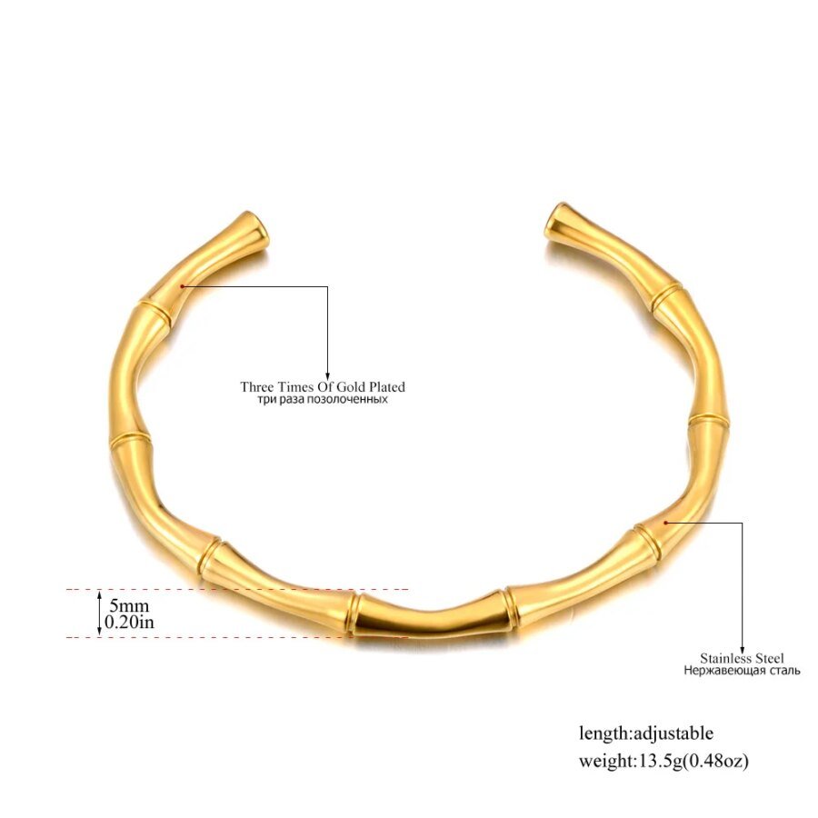 Chic 18K Gold Plated Stainless Steel Bamboo Bangle Bracelet - Trendy Waterproof Charm Jewelry for Women