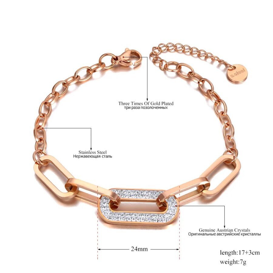 Bohemia Beach Jewelry: Titanium Stainless Steel Link Chain Bracelets with Trendy CZ Crystal Geometric Charms for Women