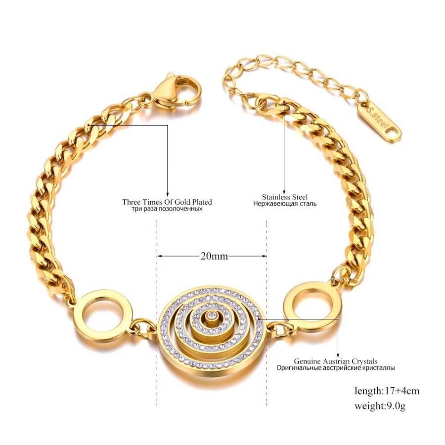 Elegant 18K Gold Plated Stainless Steel Chain Bracelets with Sparkling Rhinestone Geometric Circles for Women