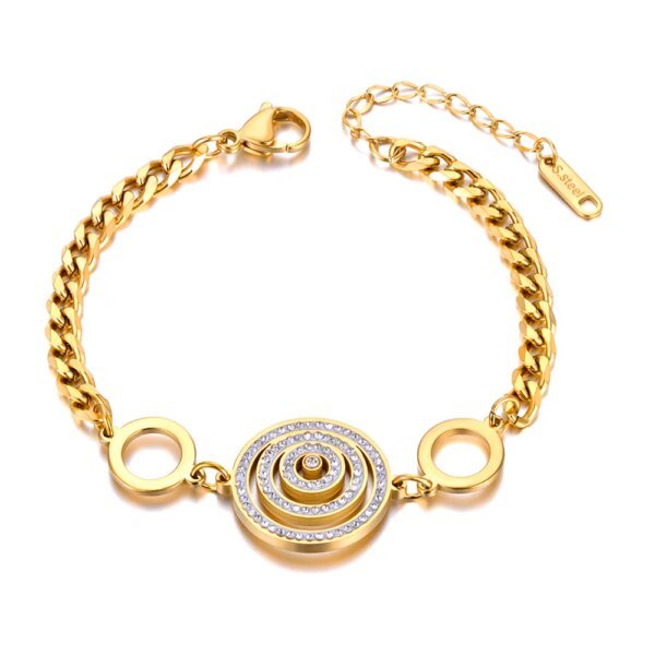 Elegant 18K Gold Plated Stainless Steel Chain Bracelets with Sparkling Rhinestone Geometric Circles for Women