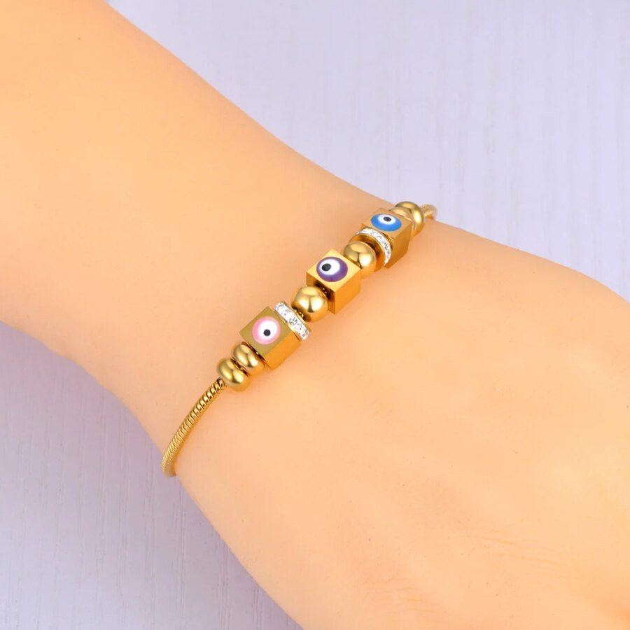 Chic Stainless Steel Geometric Square Blue Eye Charm Bracelet Bangle - Daily Trendy Jewelry for Women