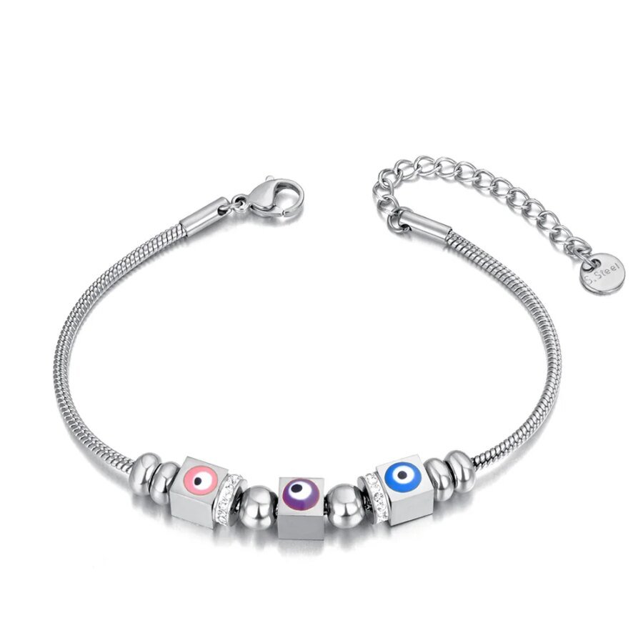 Chic Stainless Steel Geometric Square Blue Eye Charm Bracelet Bangle - Daily Trendy Jewelry for Women