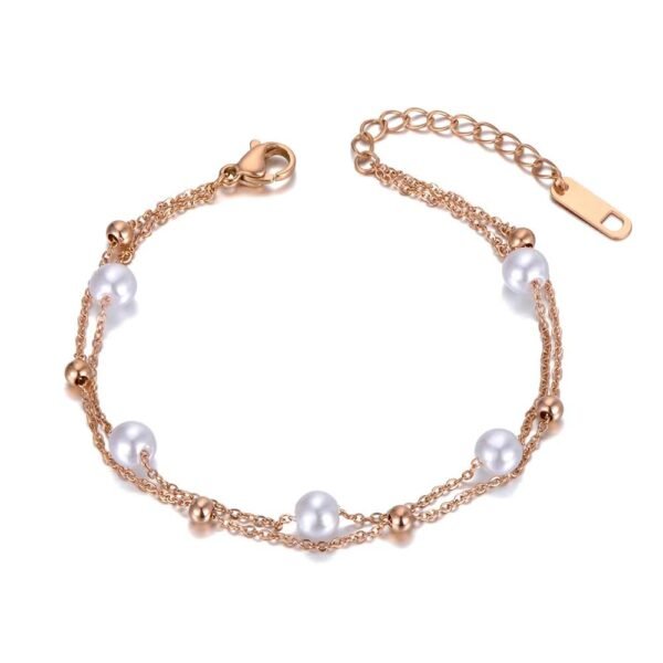 Elegant Simulated Pearl Beads Bracelets in White Rose Gold Color - Double Layer Bracelets & Bangles for Women's Wedding Jewelry
