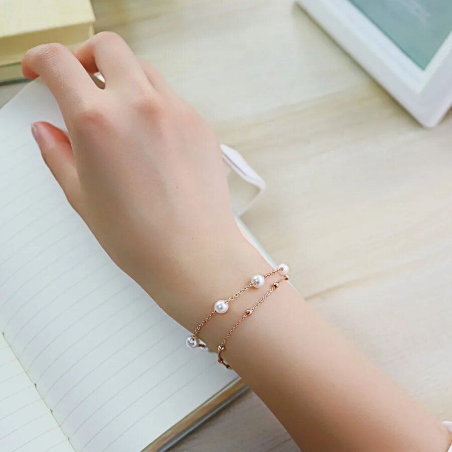 Elegant Simulated Pearl Beads Bracelets in White Rose Gold Color - Double Layer Bracelets & Bangles for Women's Wedding Jewelry