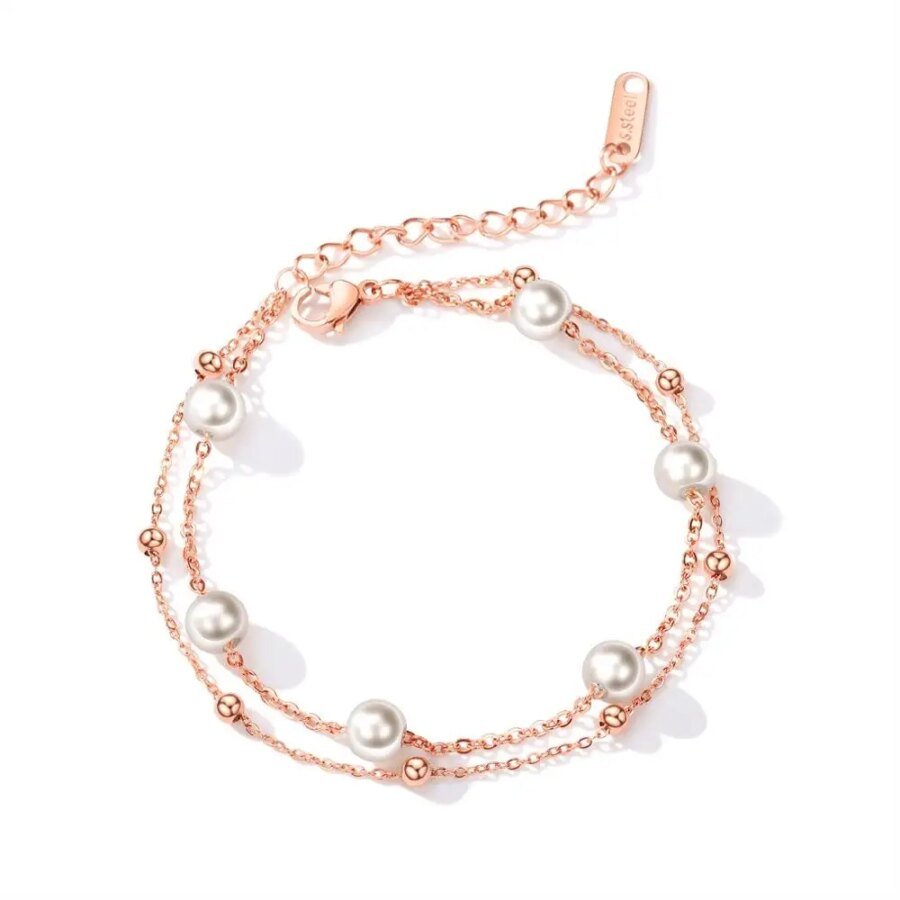 Elegant Simulated Pearl Beads Bracelets in White Rose Gold Color - Double Layer Bracelets & Bangles for Women's Wedding Jewelry