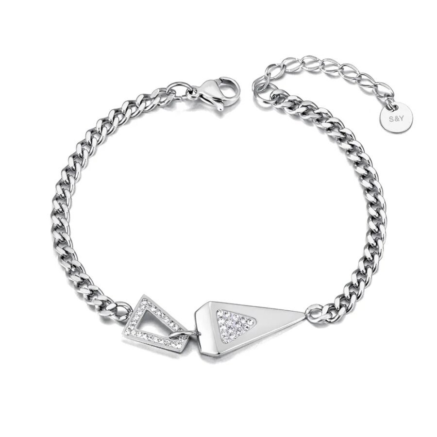 Geometric Triangle Charm Bracelet: Stainless Steel Rhinestone Accent