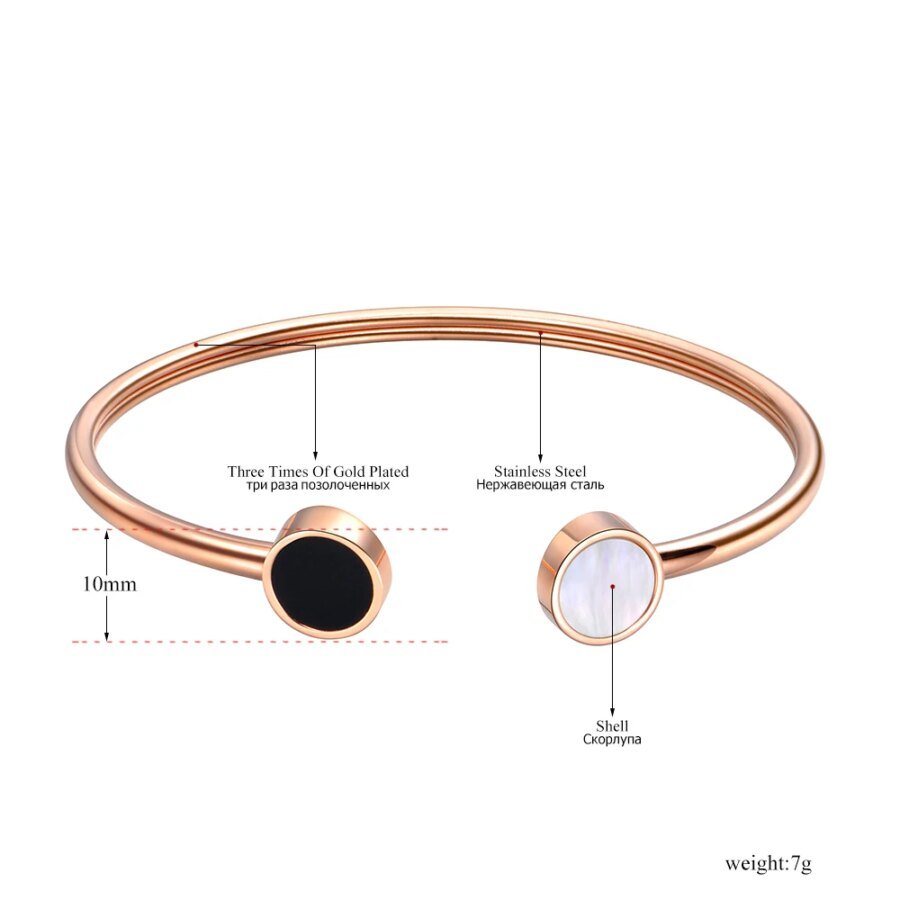 Rose Gold Stainless Steel Bangle with White & Black Shell Accents: Simple Christmas Gift