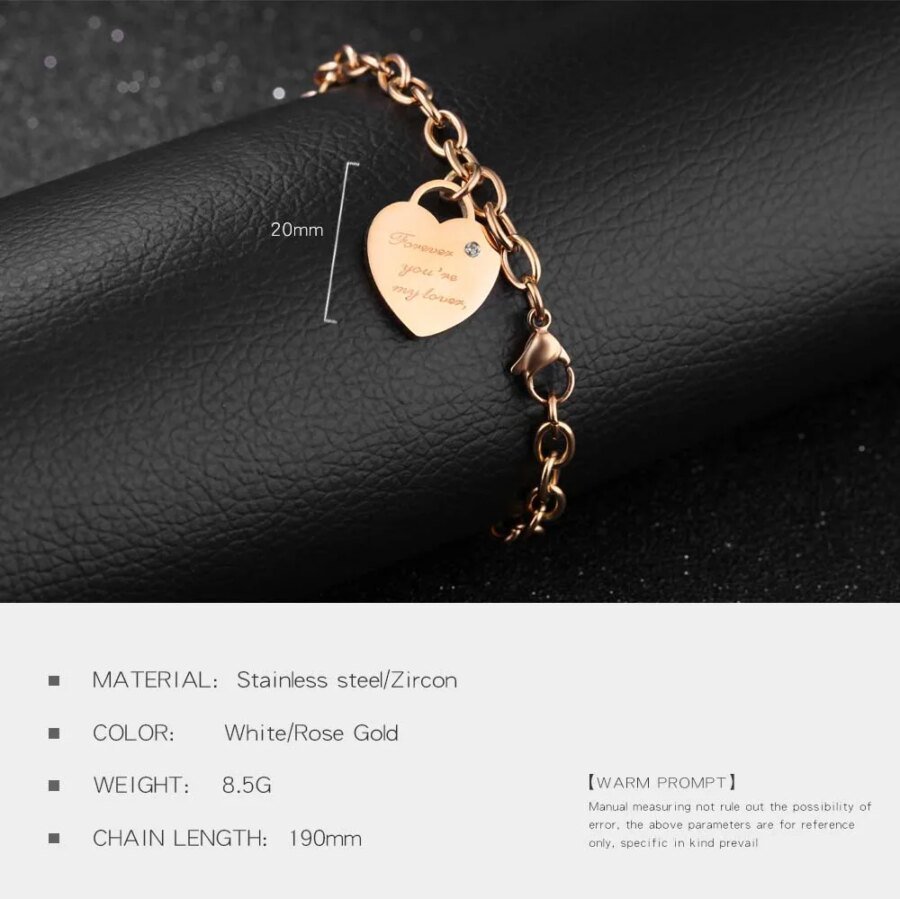 Rose Gold Titanium Stainless Steel Heart Charm Bracelet: Trendy Love Chain Accessory