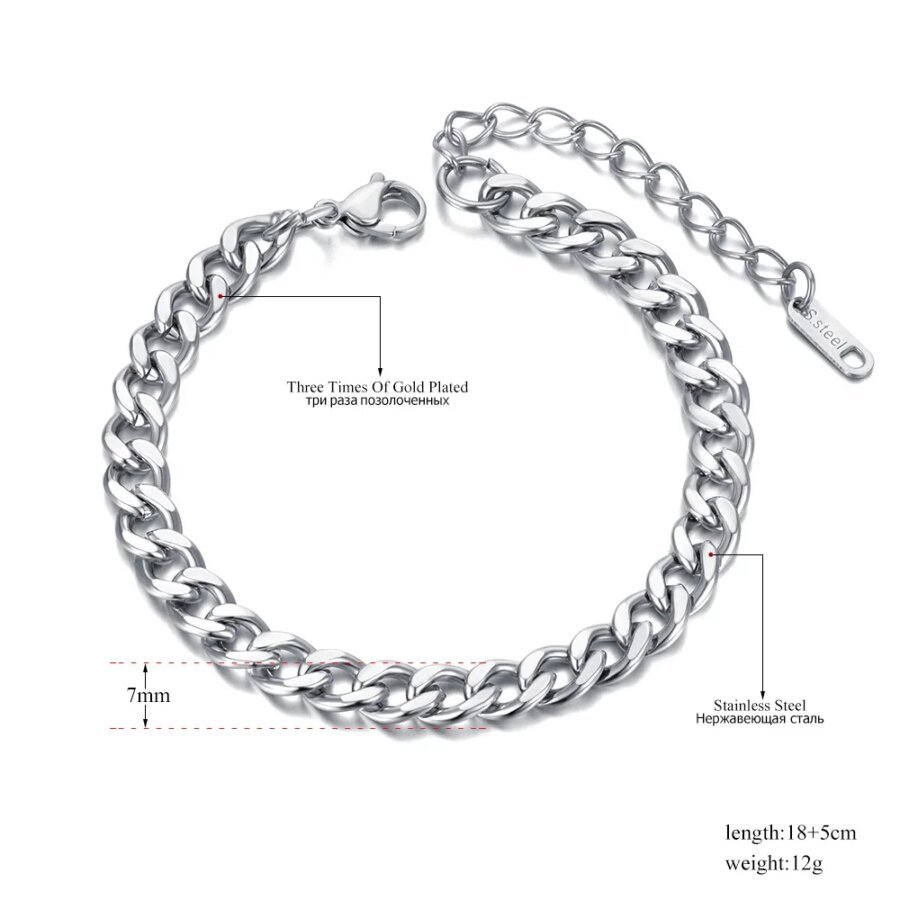 Stainless Steel Punk Basic 7mm Wide Curb Cuban Link Chain Bracelet: Unisex Jewelry