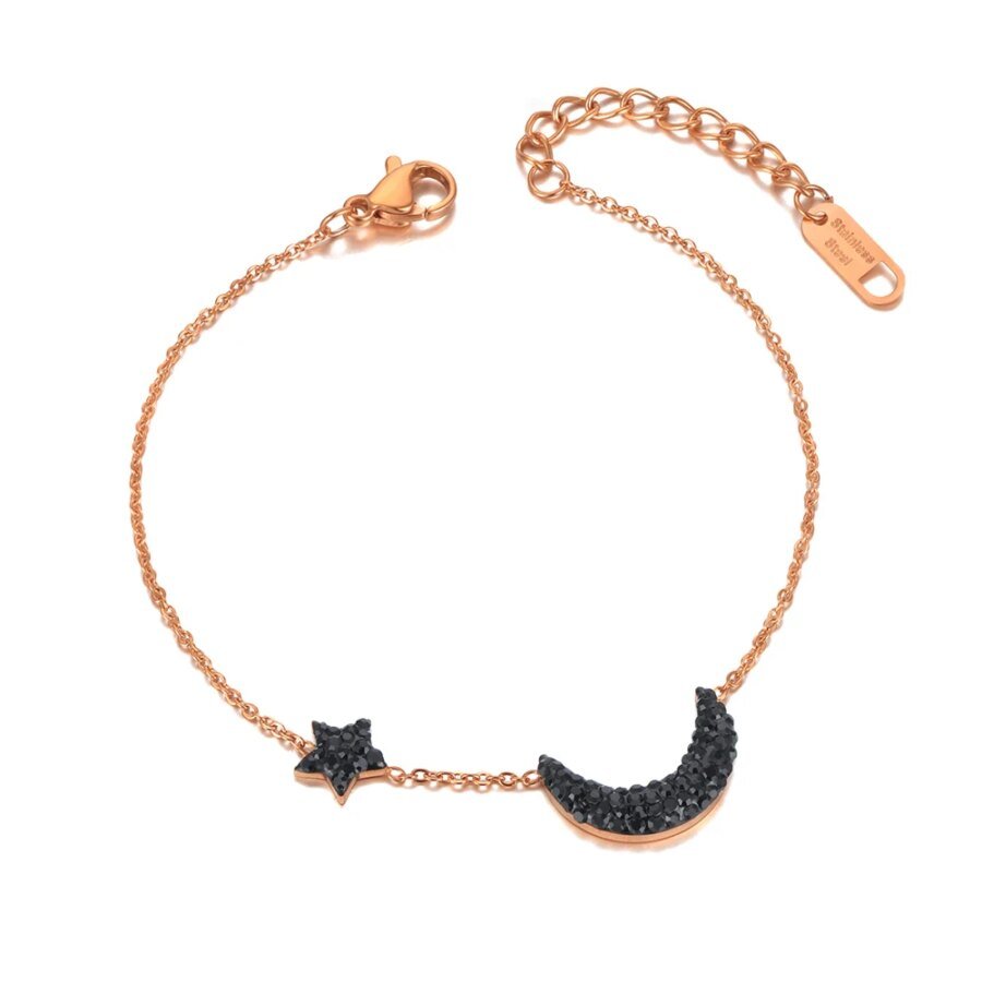 Bohemia Summer Stainless Steel Chain Bracelet: Trendy Black CZ Crystal Star & Moon Charms for Women