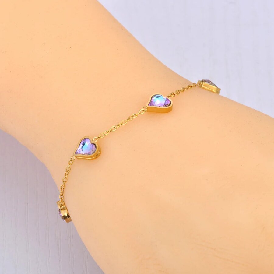 18K Gold Plated Stainless Steel Heart Chain Bracelet: Shiny AAA Cubic Zirconia Crystal Charm for Women