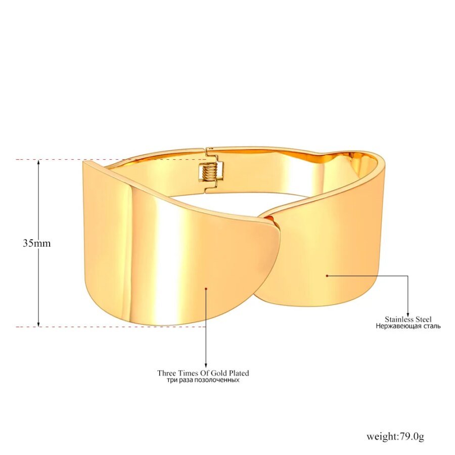 Trendy Real Gold Plated Stainless Steel Wide Smooth Bracelets: Waterproof and Allergy-Free Women's Jewelry