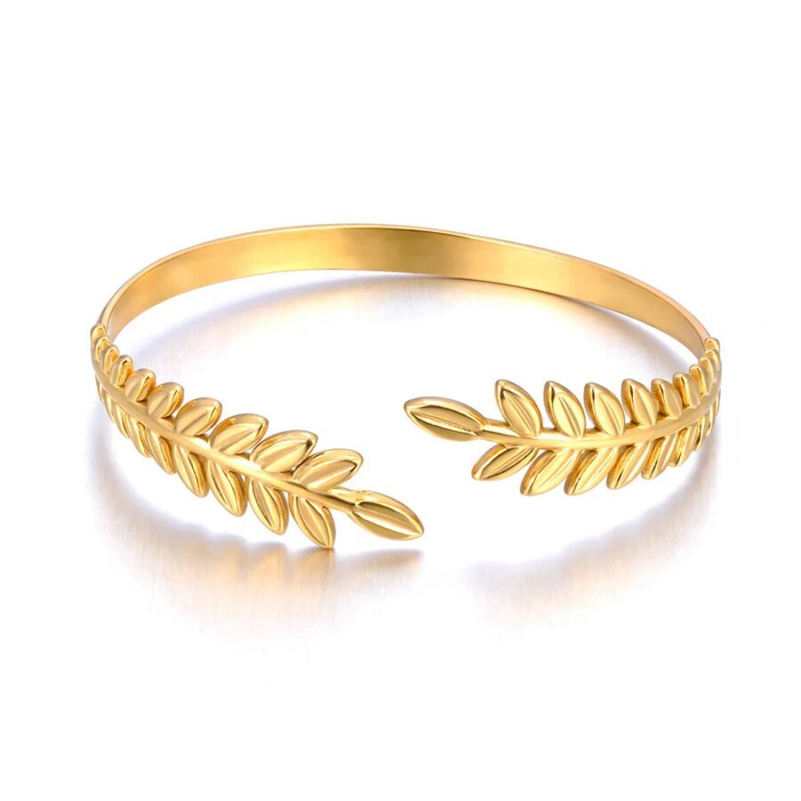Golden Leaf Plant Statement Bracelet: Fashionable 316L Stainless Steel Open Charm Bangle for Women