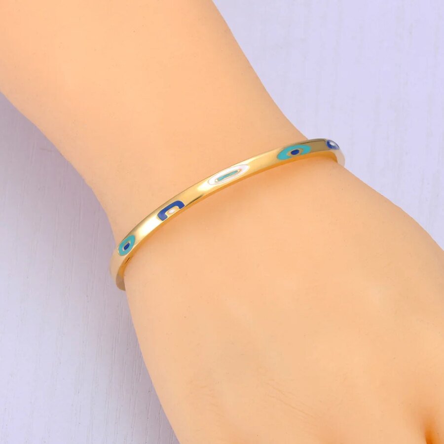 Trendy Gold Color Waterproof Statement Bangle: Painted Glaze Turkish Eye Stainless Steel Bracelet for Women