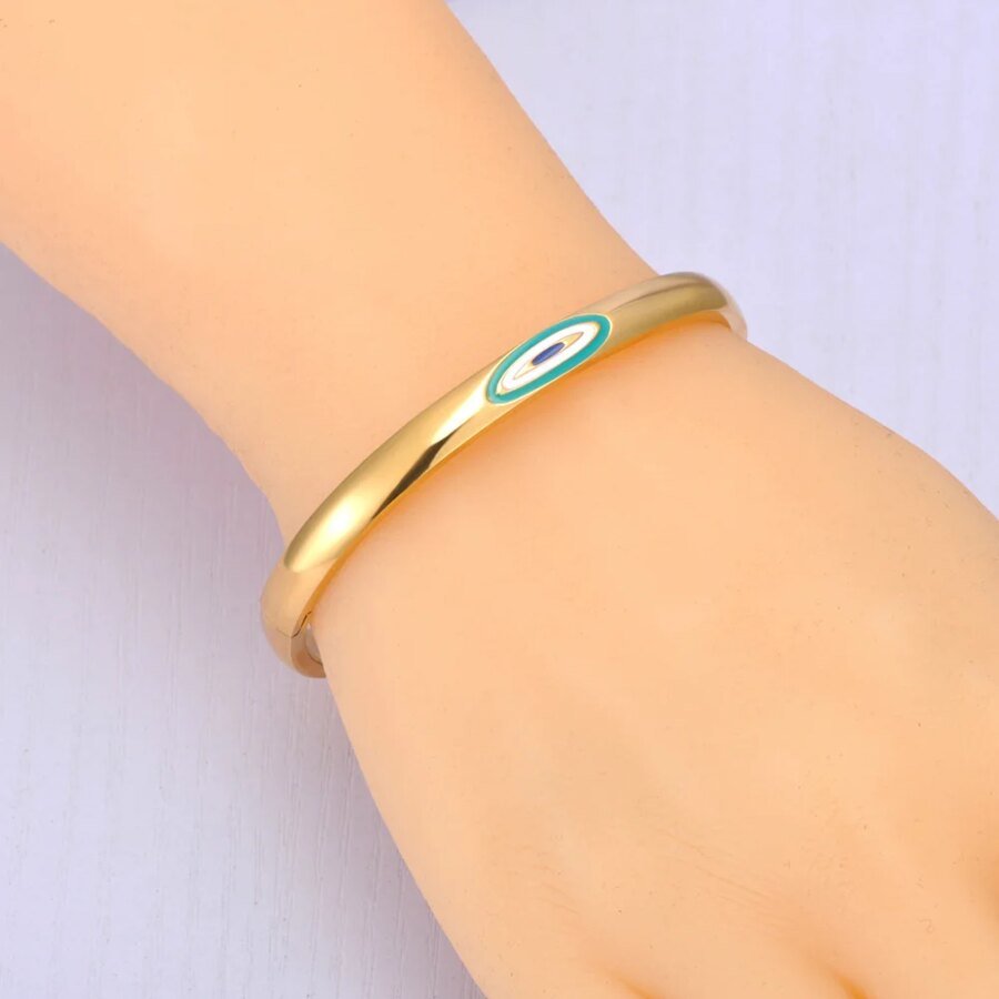 Trendy Gold Color Waterproof Statement Bangle: Painted Glaze Turkish Eye Stainless Steel Bracelet for Women