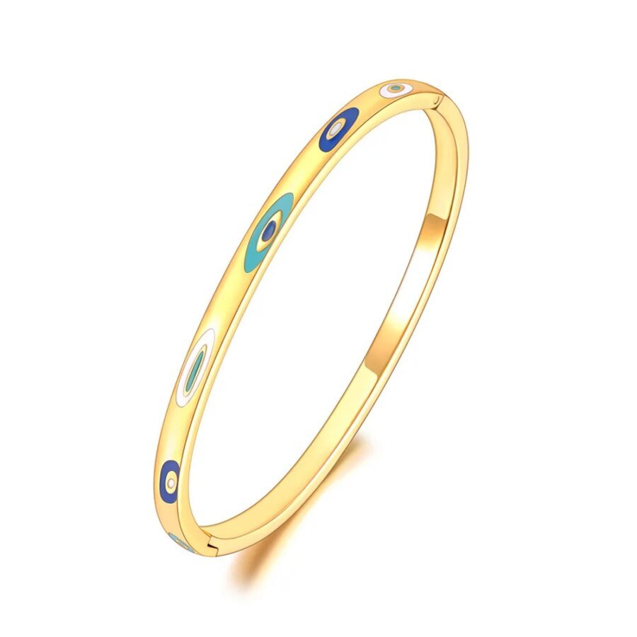 Trendy Gold Color Waterproof Statement Bangle: Painted Glaze Turkish Eye Stainless Steel Bracelet for Women