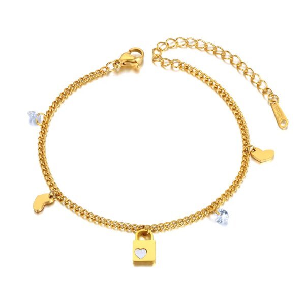 Trendy 18K Gold Plated CZ Crystal Heart Lock Chain Link Bracelet: Titanium Stainless Steel for Women