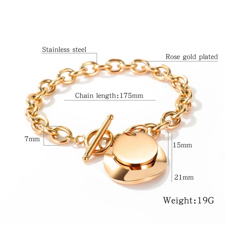 Bohemia Link & Chain Love Circle Bracelet: Fashion Stainless Steel Round Tag Charm for Women