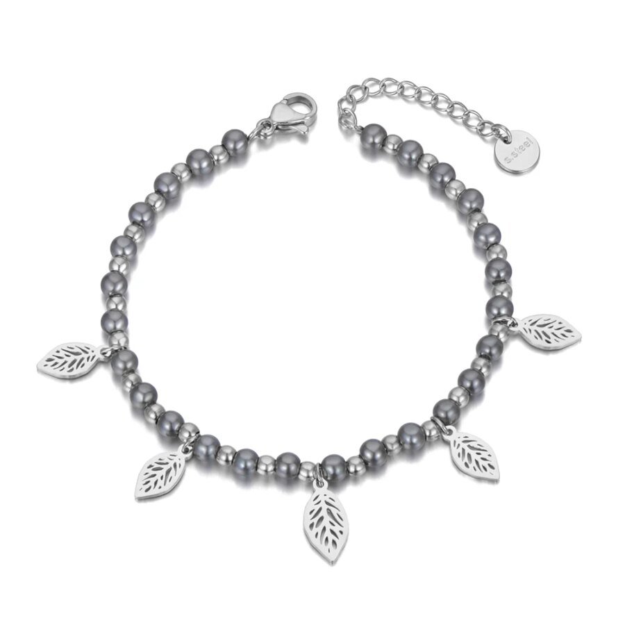 Bohemia CZ Crystal Stainless Steel Charm Bracelet: Simulated Pearl Leaves for Women and Girls