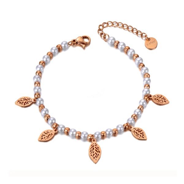 Bohemia CZ Crystal Stainless Steel Charm Bracelet: Simulated Pearl Leaves for Women and Girls