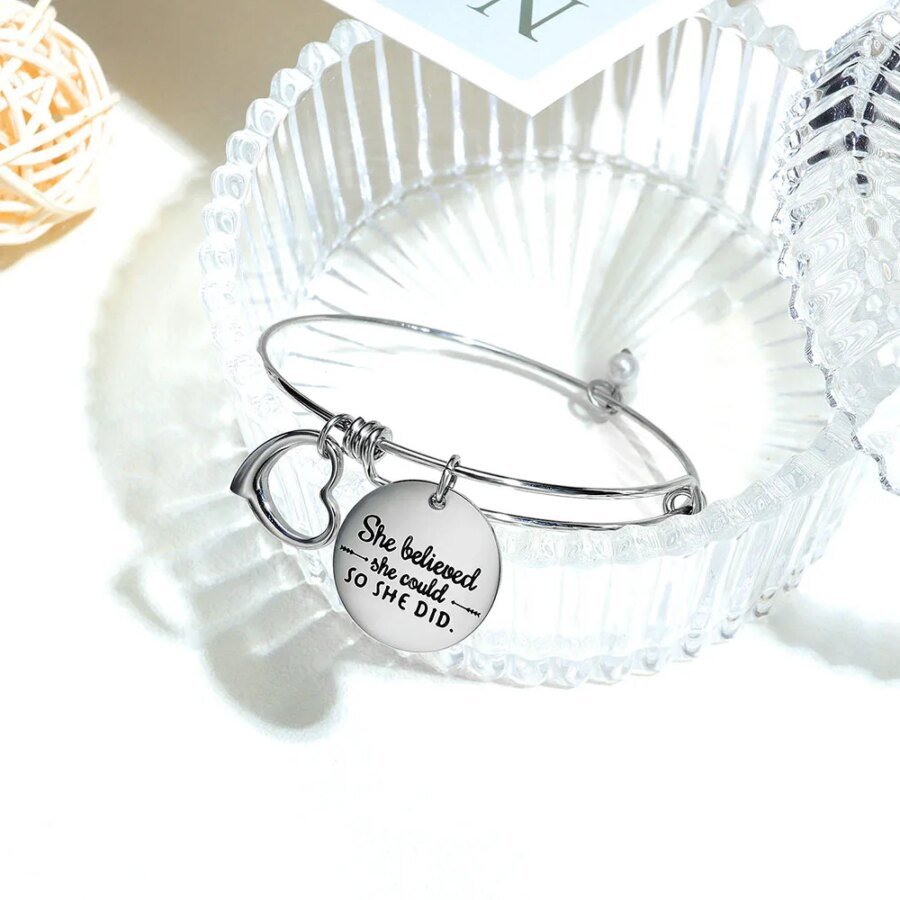 Bohemia Stainless Steel 'She Believed' Inspirational Charm Bangles: Creative Lettering for Women