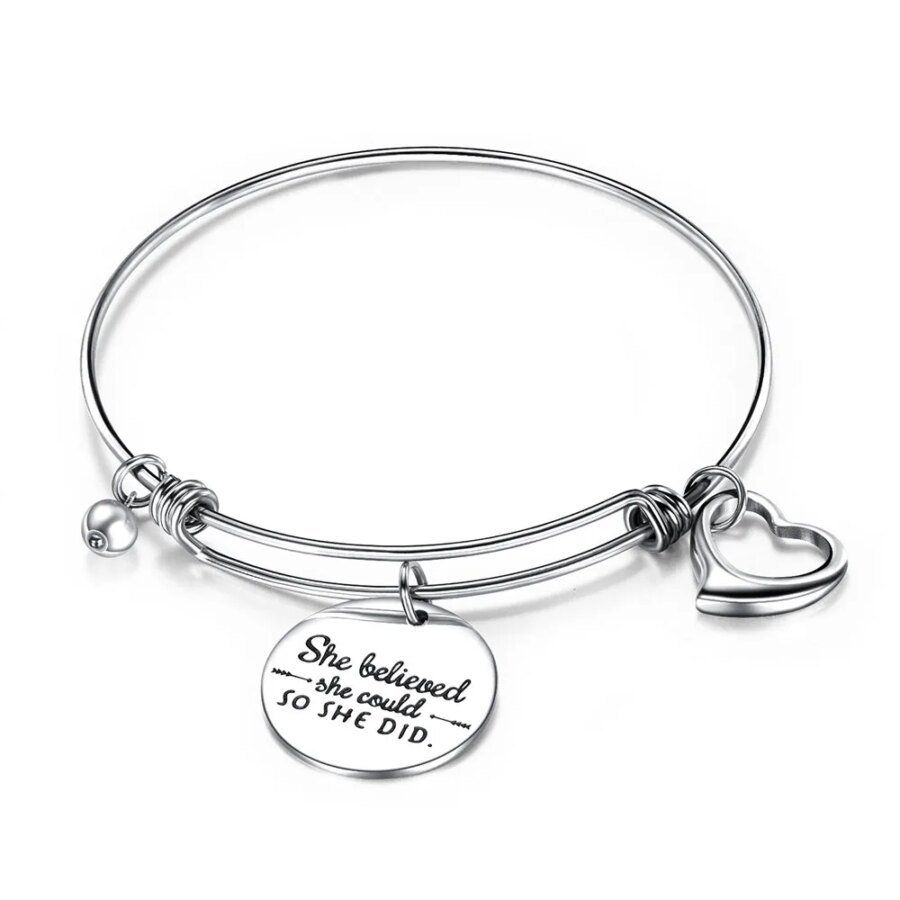 Bohemia Stainless Steel 'She Believed' Inspirational Charm Bangles: Creative Lettering for Women