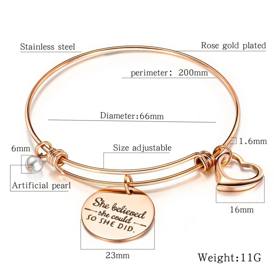 Bohemia Stainless Steel 'She Believed' Inspirational Charm Bangles: Creative Lettering for Women