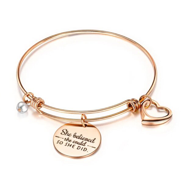 Bohemia Stainless Steel 'She Believed' Inspirational Charm Bangles: Creative Lettering for Women