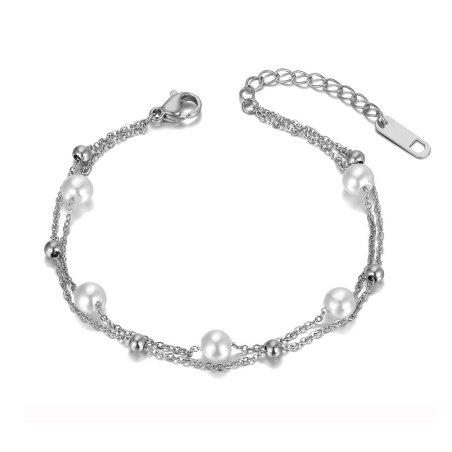 Bohemia Stainless Steel Double Layer White Pearl Charm Bracelet: Trendy Beach Accessory for Women